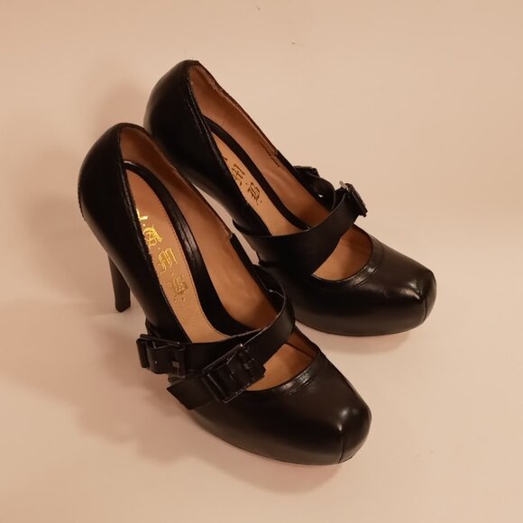 L.A.M.B. Black Leather Platform X Strap 5inch Stiletto heel size 8 - Picture 4 of 11